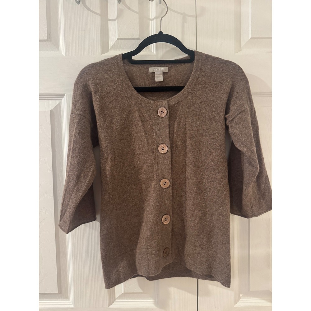 Hayden 100% Cashmere Cardigan Sweater Brown 3/4 Sleeve Pleated Back XS